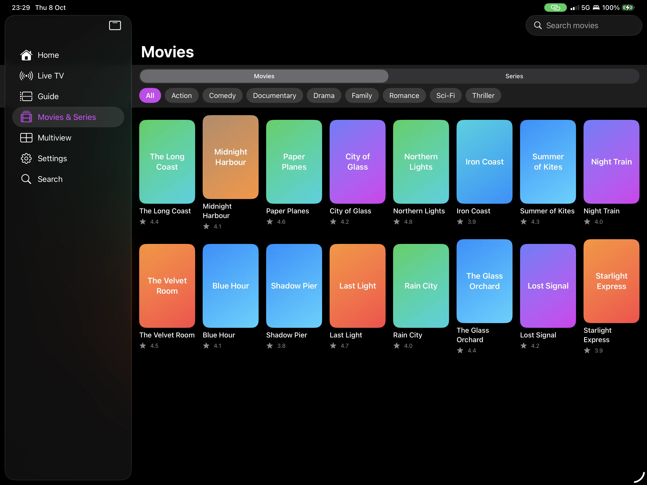 Movies on iPad: a grid of demo film posters with genre filters