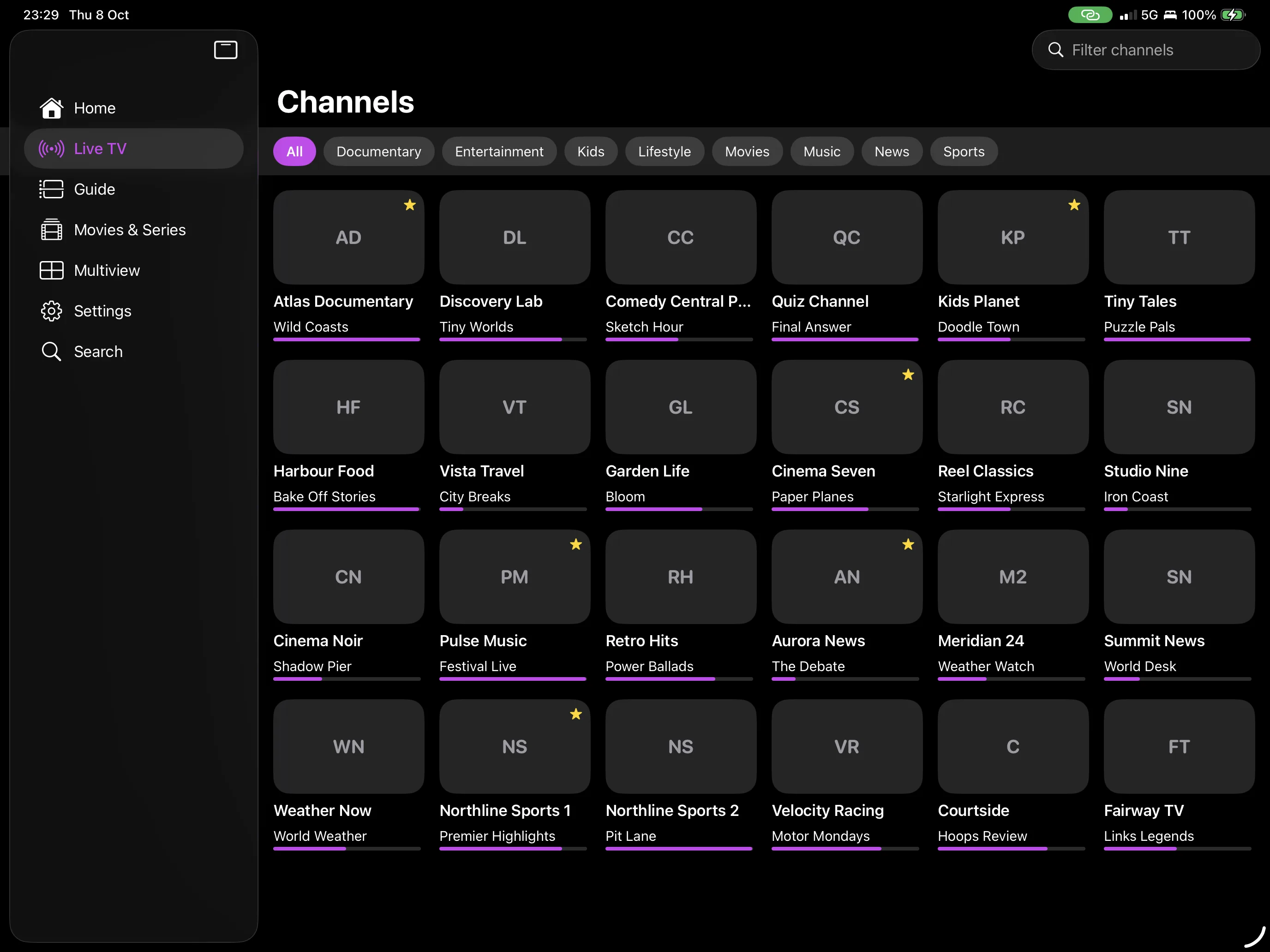 Live TV channel list on iPad