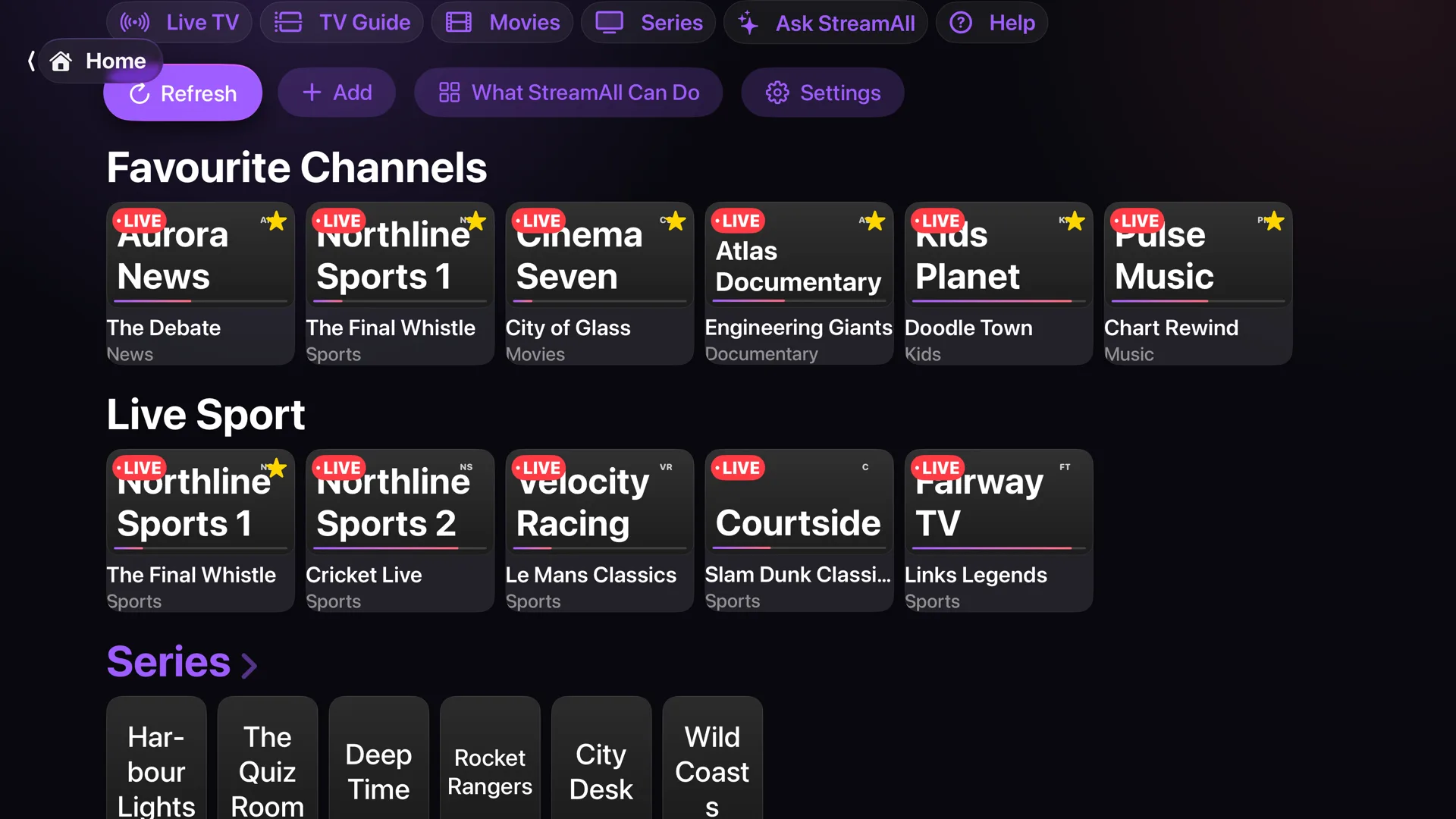 Hectic TV Home on Apple TV with demo channels
